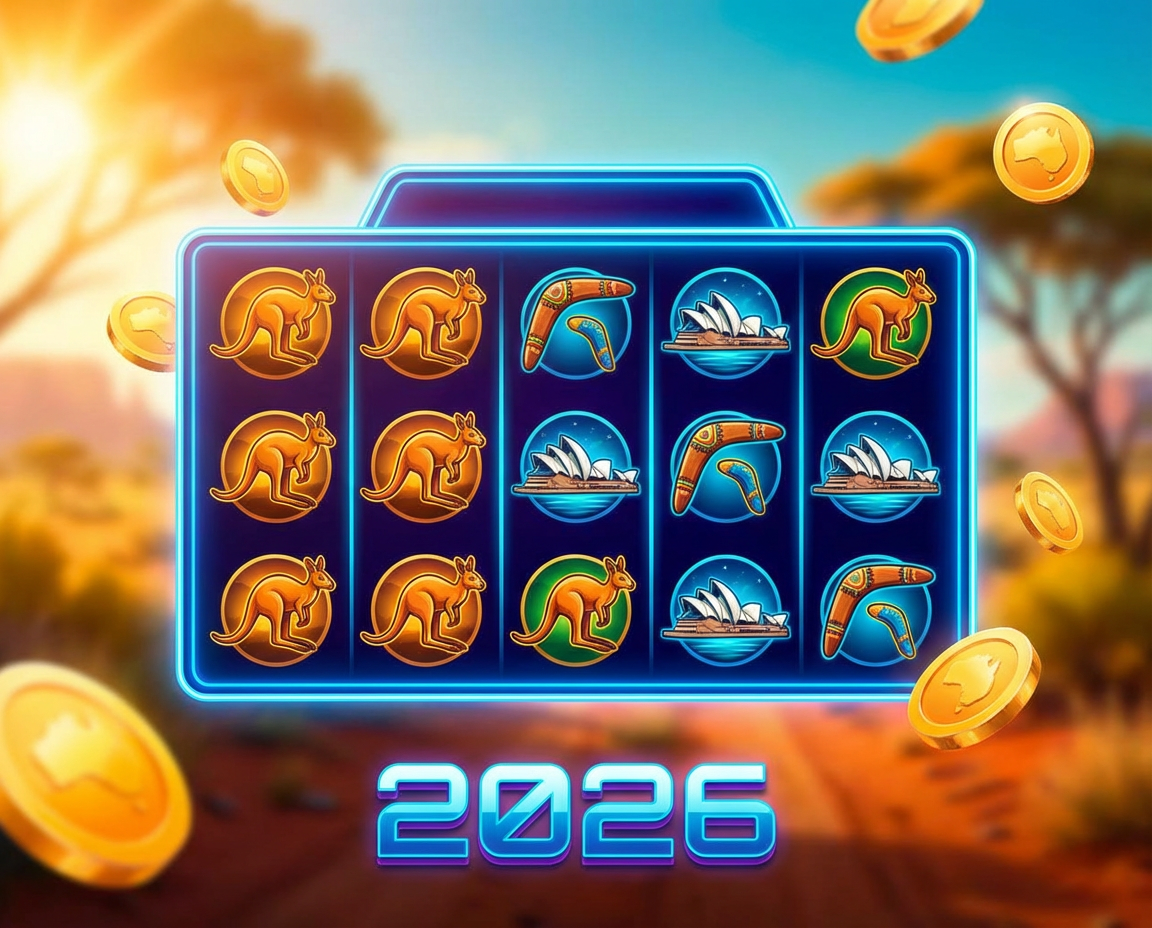 A digital pokies/slot machine screen being shown with Australian icons